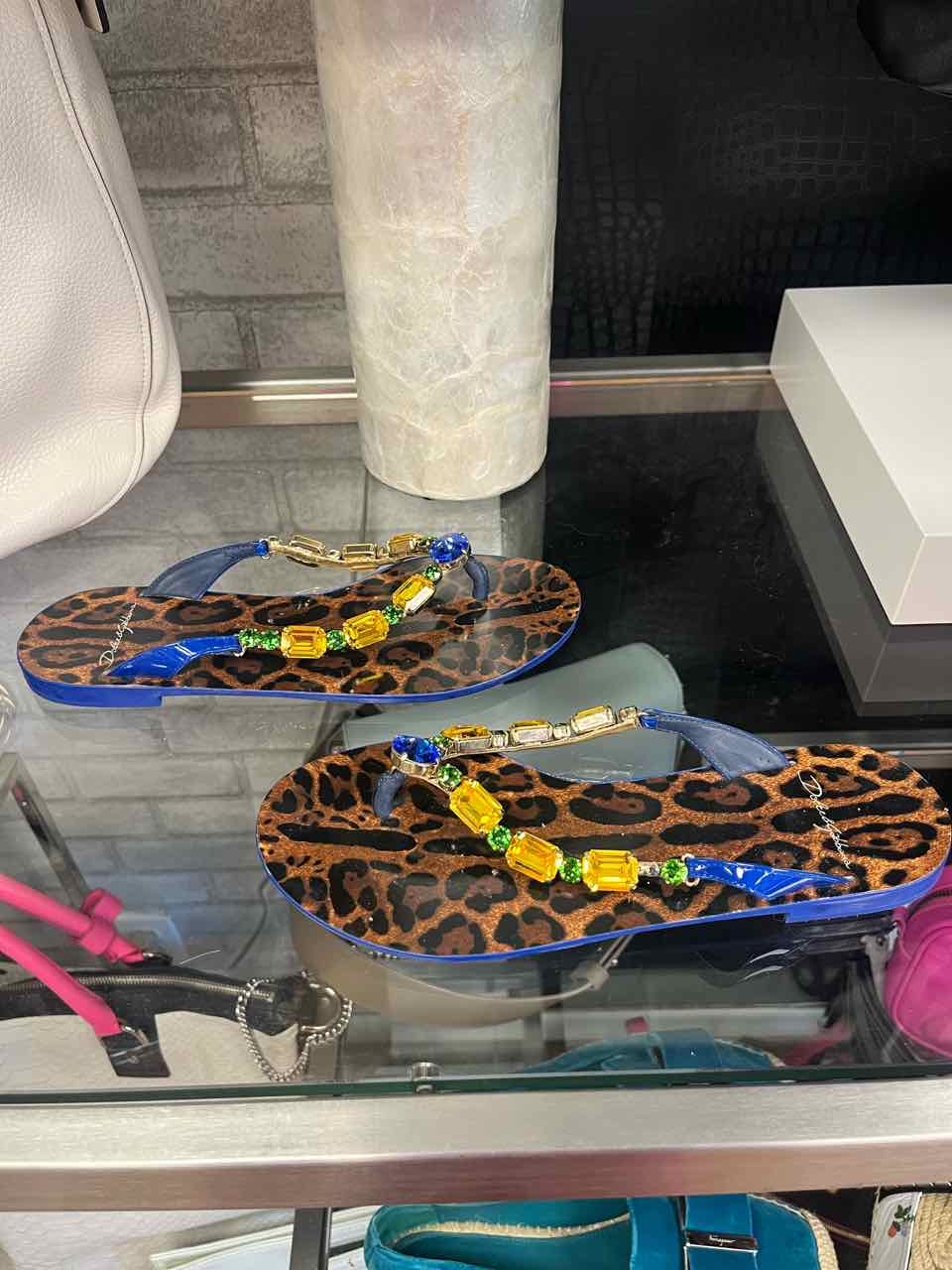 Dolce & Gabbana blue and cheetah print flip flops size 7