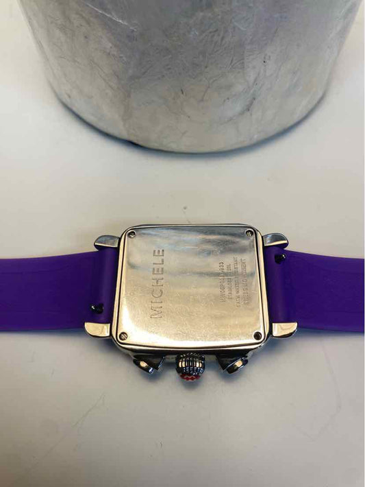 Michele Carousel Square Watch w/ Multicolor Numbers and Purple Silicone Strap