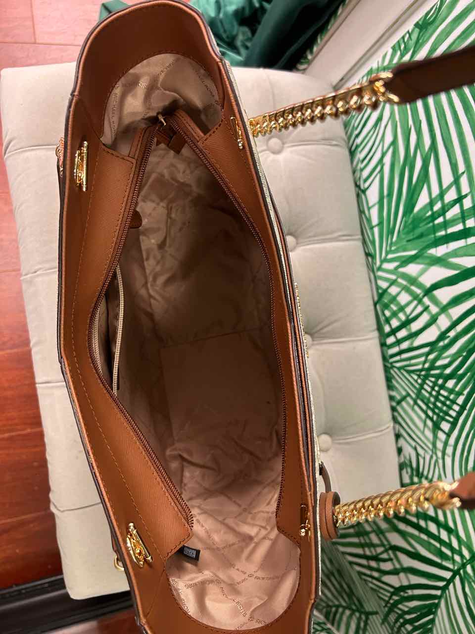 Michael Kors Cream Logo Printed Shoulder Tote Architectural Shape Gold Hardware