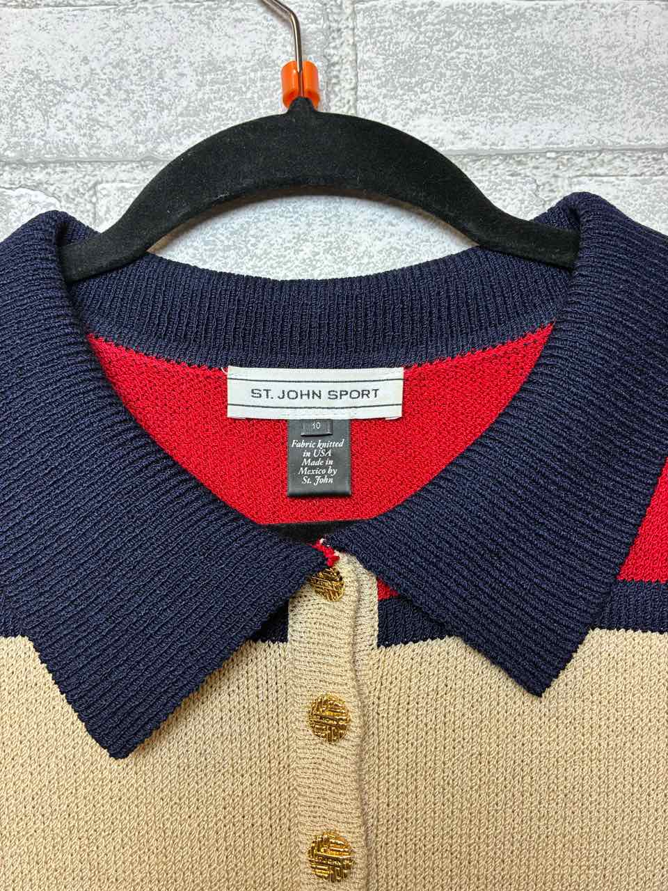 St. John Tan and Red Collared Dress w/ Gold Buttons 10 M