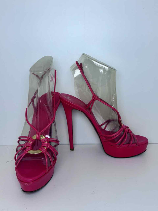 Louboutin Size 8.5 Coral Strappy Stilettos with Gold Buckle