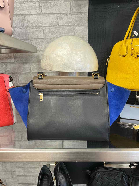 Celine Trapeze Tri Color Calfskin Leather & Blue Suede Purse