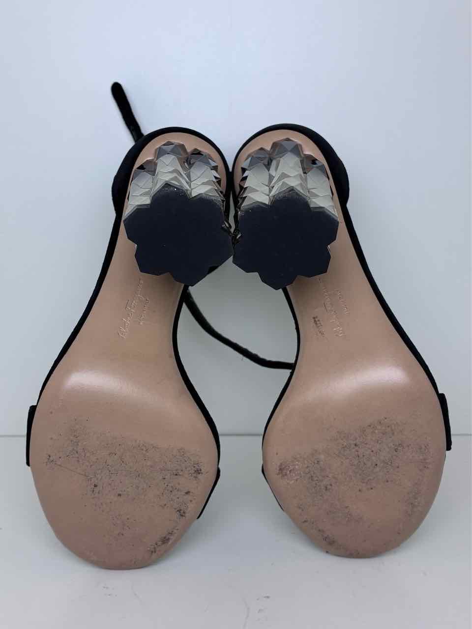 Ferragamo Black Velvet Size 9 Sandals w/ Metallic Refracted Heel has dust bag