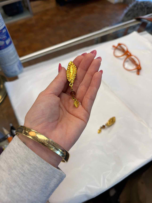 Gold leaf earrings with brown bead clip ons