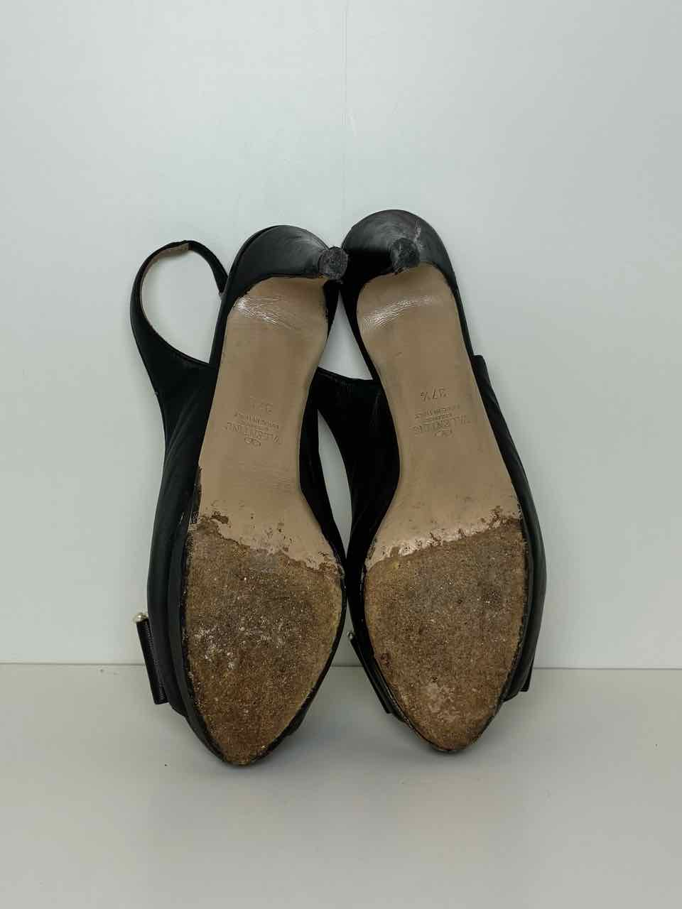 Valentino 37.5 Black Leather Faux Pearl Bow Peep-toe Platform Slingback Pumps