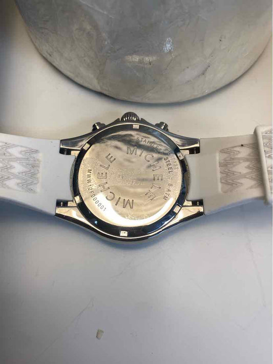 Michele Tahitian Jelly Bean Silver White Chronograph Watch w White Silicone Band