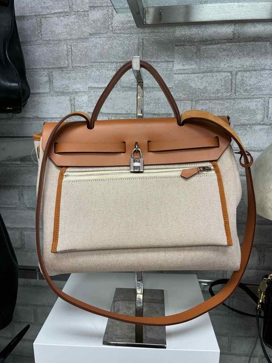 Hermes Herbag Zip 31 bag in Cumin Ecru Beige with Circuit 24 print