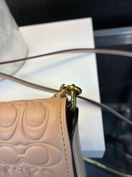 Coach Beige Dinky Signature Leather Bag w/ Embossed Pattern and Brass Turnlock
