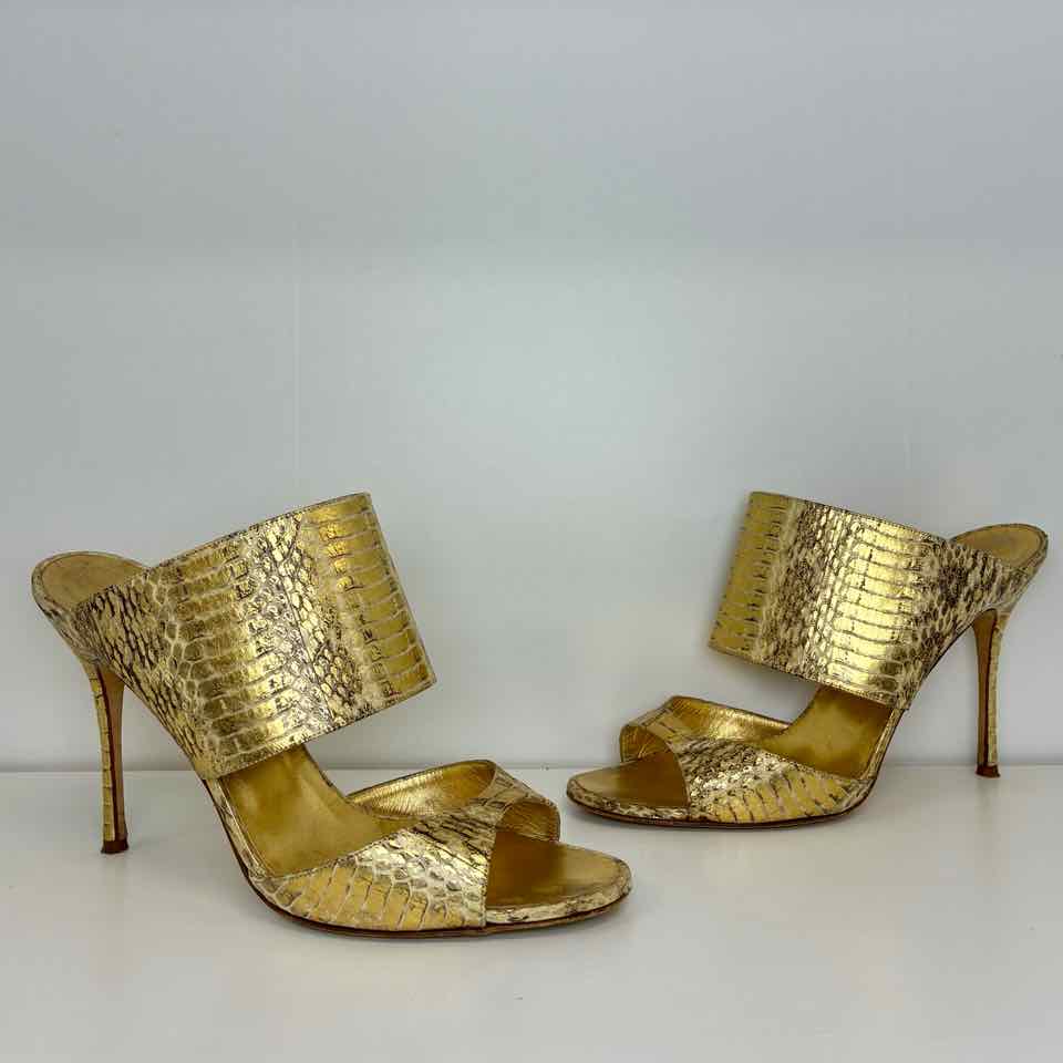 Manolo Blahnik Gold Python Mule Heel 37.5/ 7