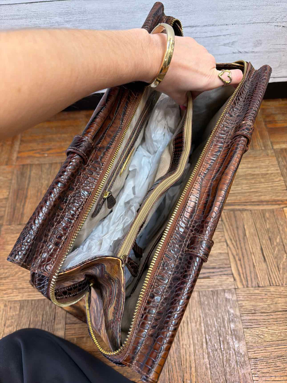 Brahmin brown croc embossed leather with tropical car print palm tress designs