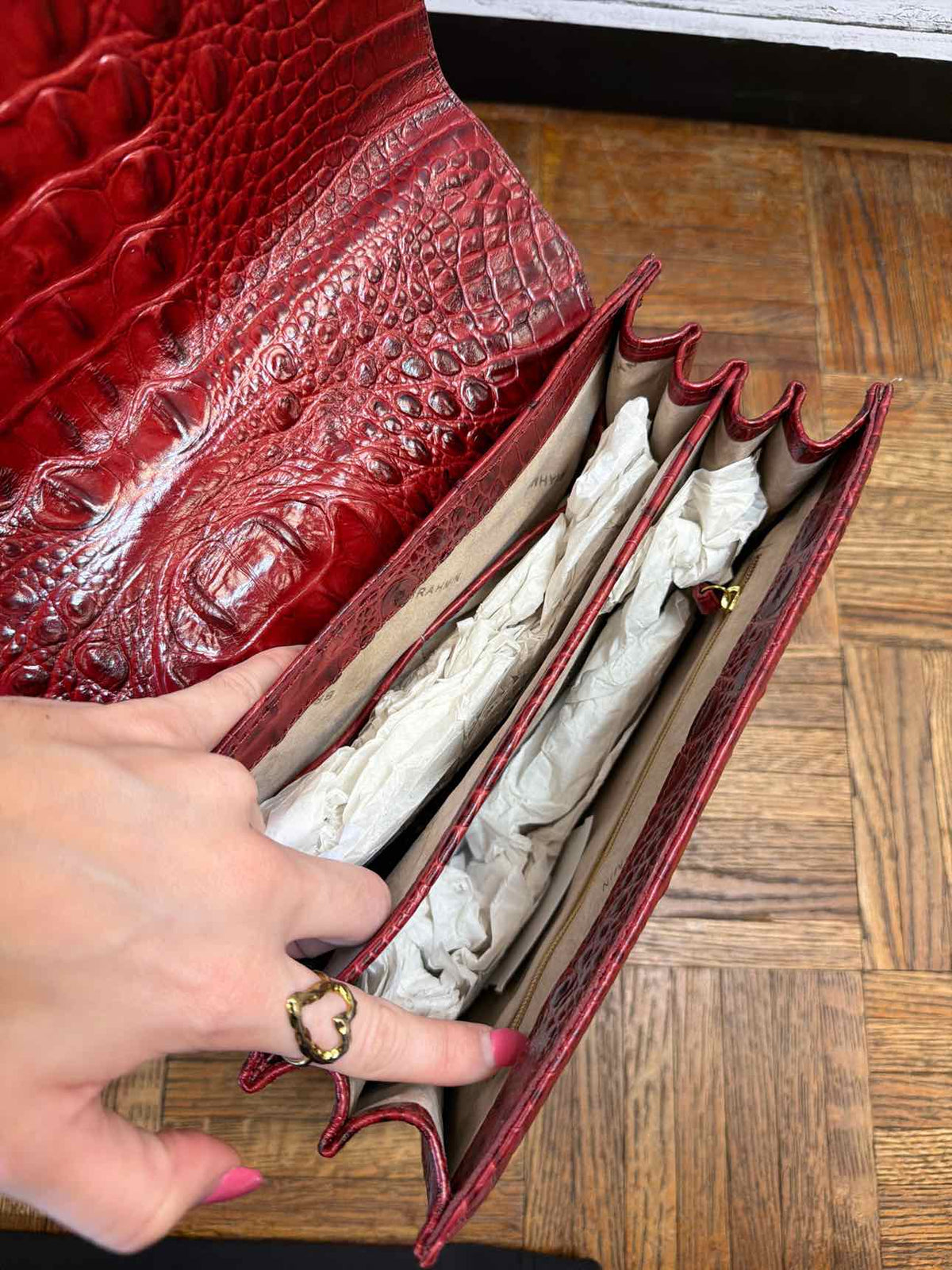 Brahmin red croc embossed leather top satchel handle