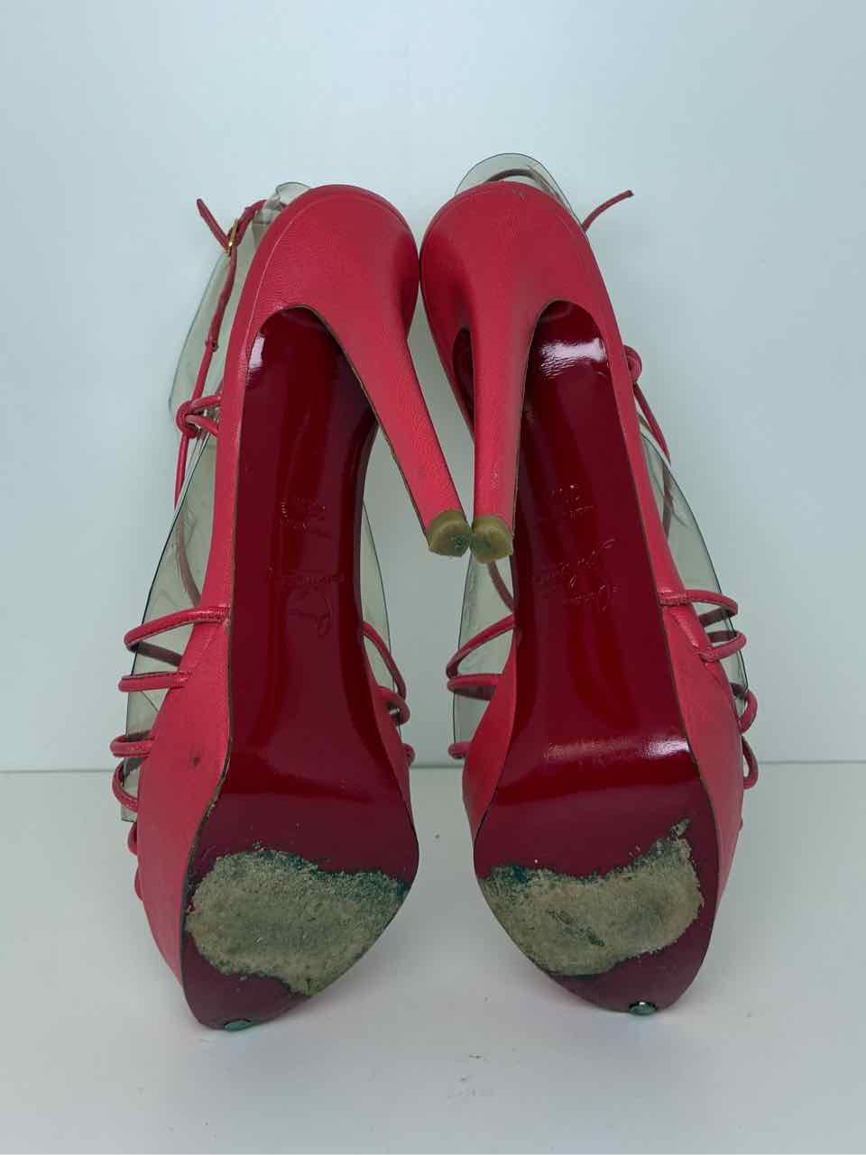 Louboutin Size 8.5 Coral Strappy Stilettos with Gold Buckle