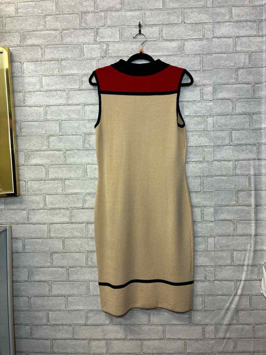 St. John Tan and Red Collared Dress w/ Gold Buttons 10 M
