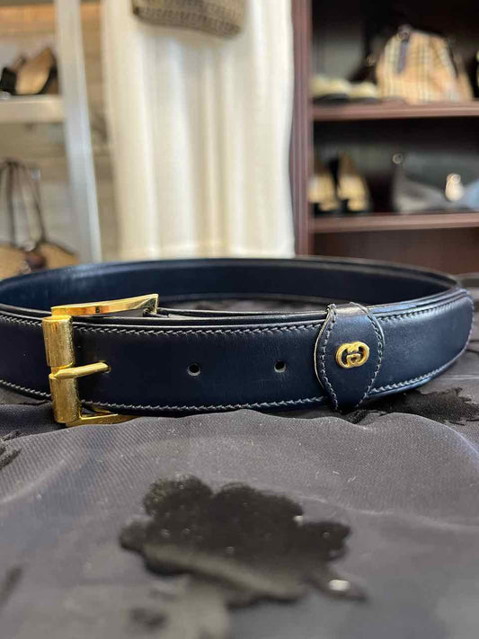 Gucci Leather Belt Vintage Navy Blue Gold Hardware