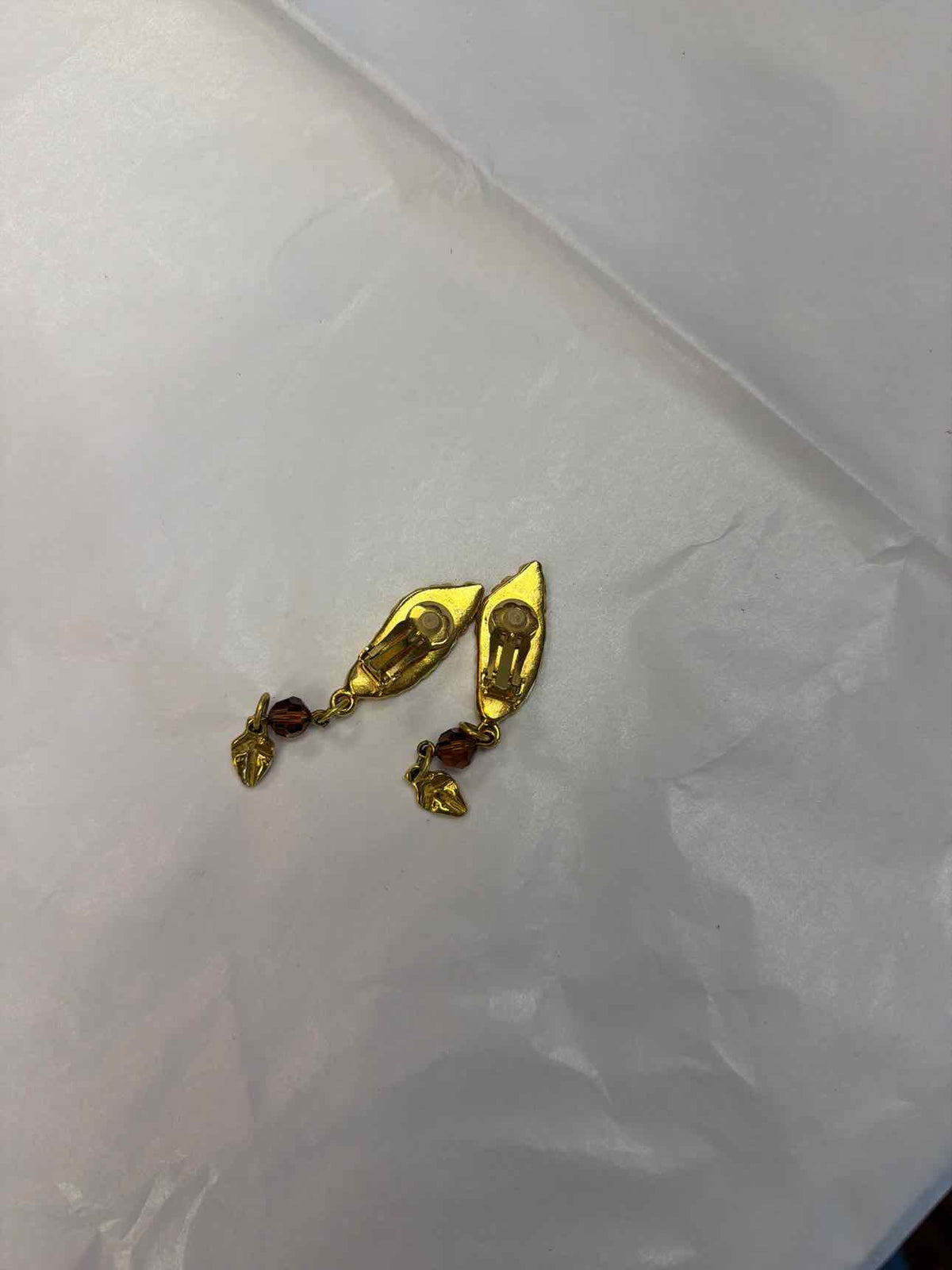 Gold leaf earrings with brown bead clip ons