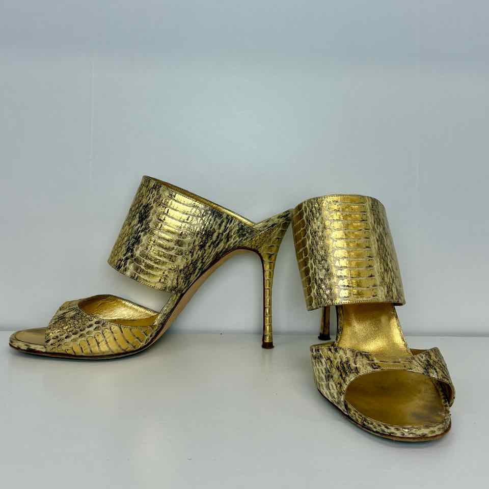 Manolo Blahnik Gold Python Mule Heel 37.5/ 7
