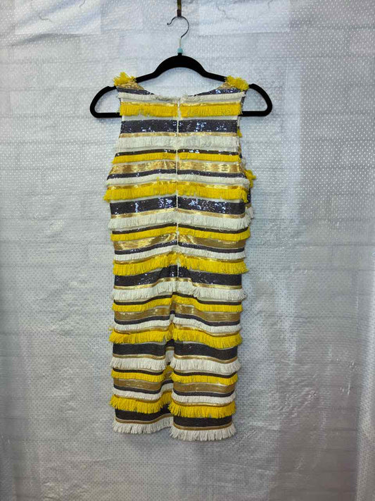 Julian Chang yellow and cream fringe with black and gold sequin Dress M