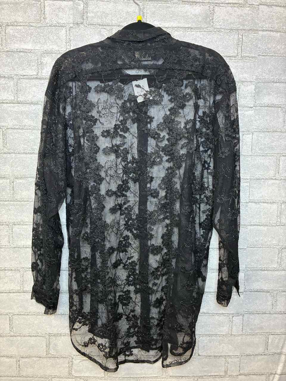 Camille Large Black Sheer Floral Design Button Up