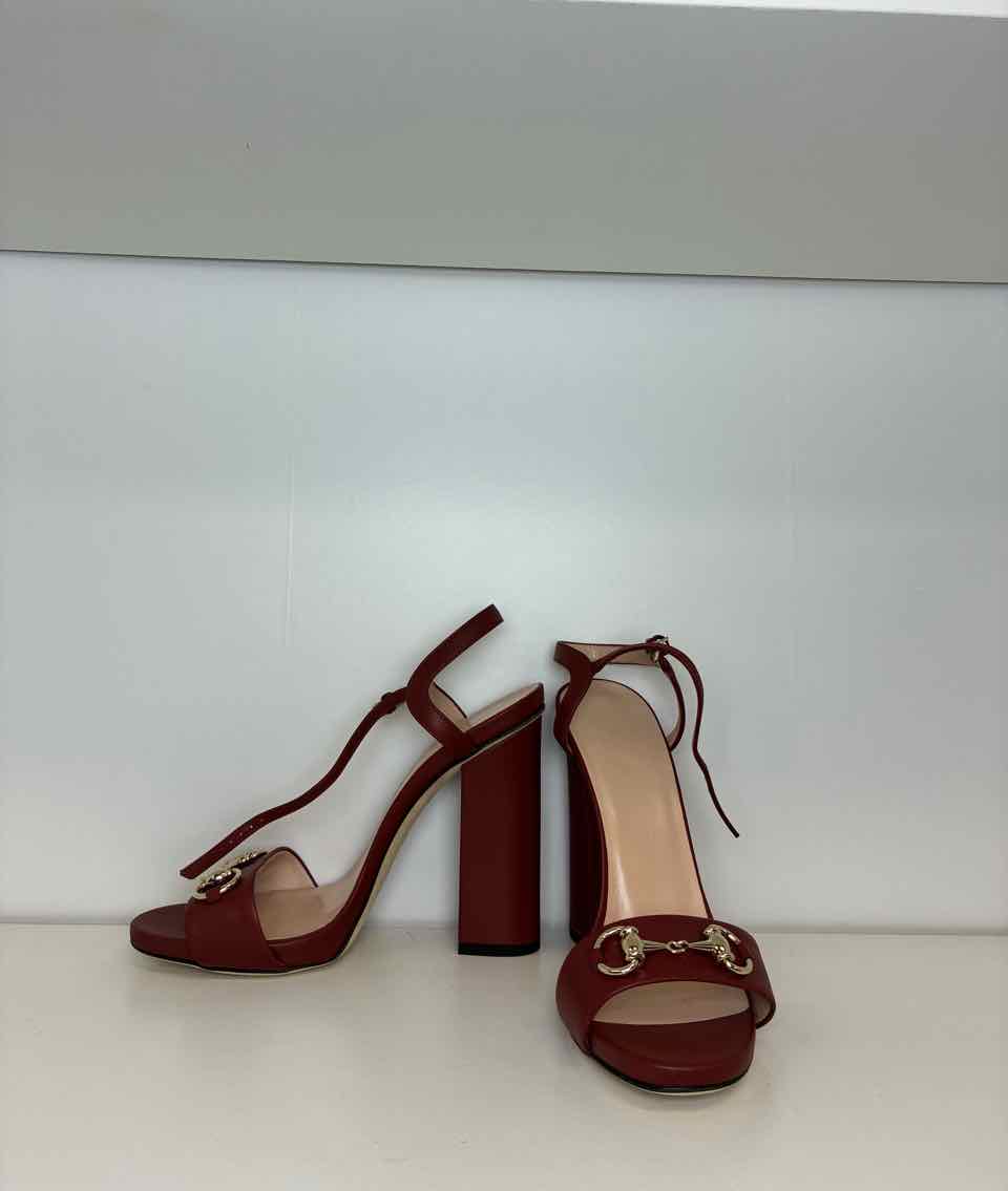 Gucci Heels w/ Horsebit Detail Red Leather Block Heel Ankle Strap Size 38