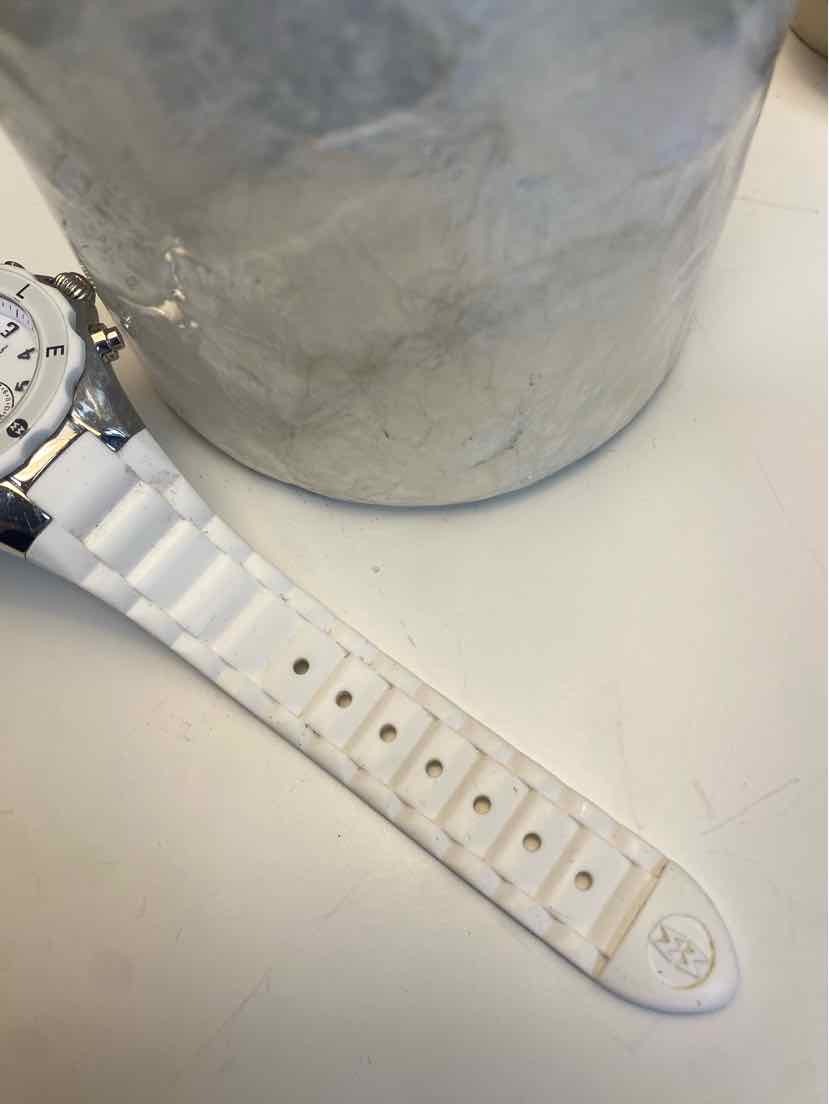 Michele Tahitian Jelly Bean Silver White Chronograph Watch w White Silicone Band