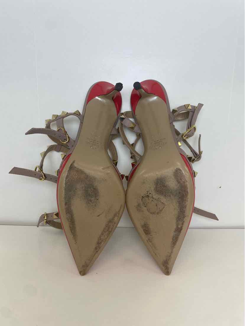 Valentino Size 37.5 Red/Coral Patent Leather Rockstud Pumps w/ Nude Ankle Strap