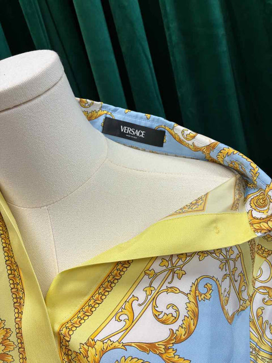 Versace Size 36 Yellow and Blue Printed Silk Twill Mini Shirt Dress
