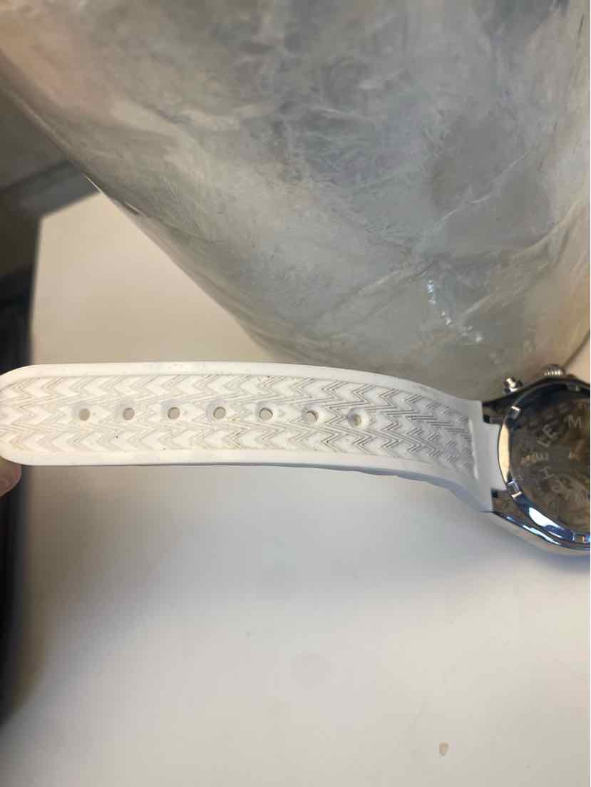 Michele Tahitian Jelly Bean Silver White Chronograph Watch w White Silicone Band