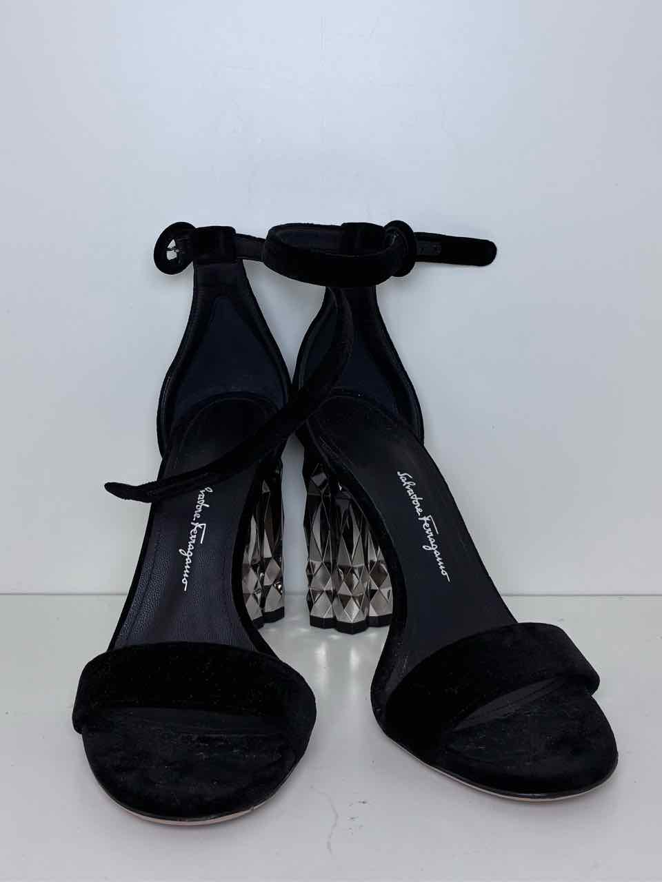 Ferragamo Black Velvet Size 9 Sandals w/ Metallic Refracted Heel    has dust bag