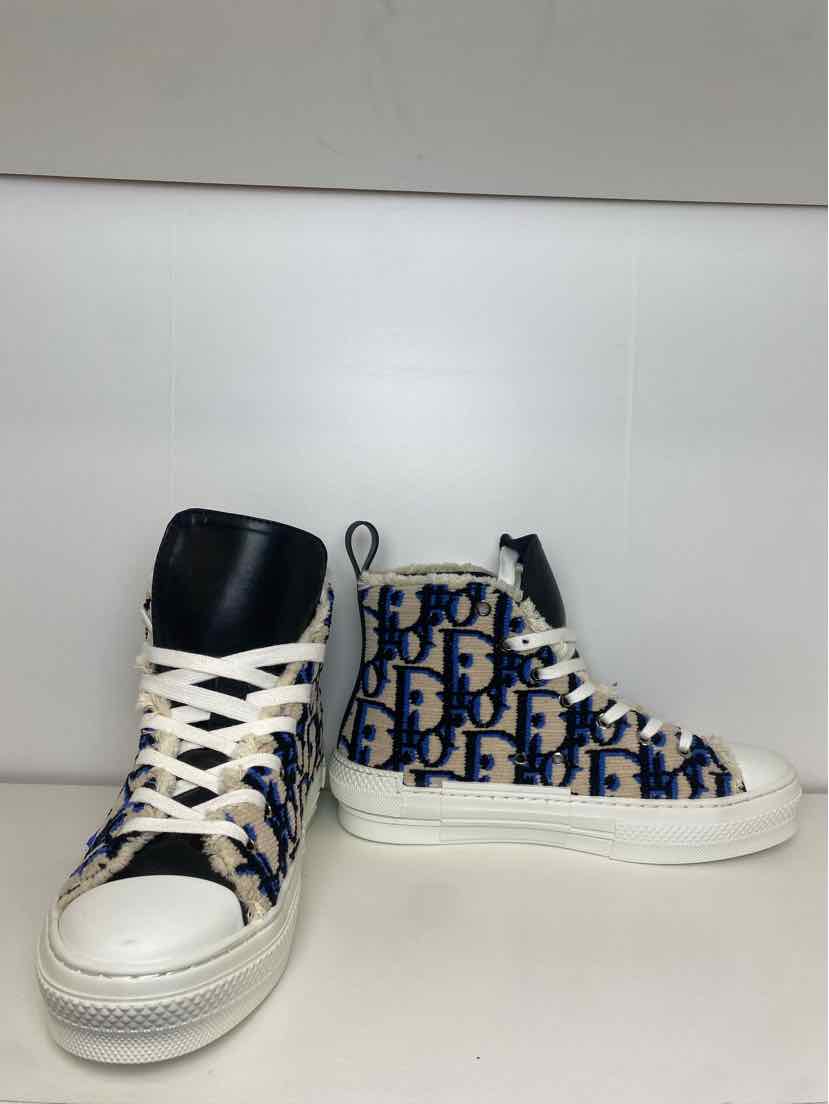 Dior Size 39 B23 High Top Beige, Black, and Blue Dior Oblique Fuzzy Sneakers