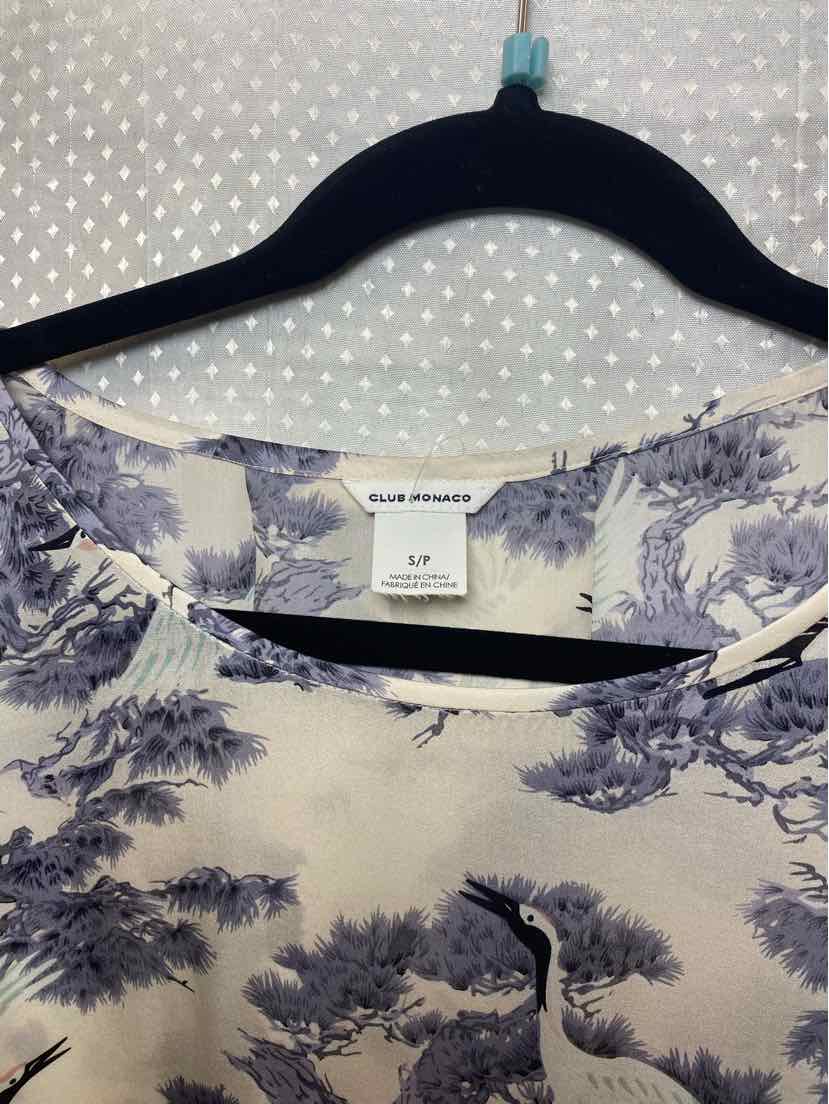 Club Monaco Silk blouse with crane birds and grey plants S