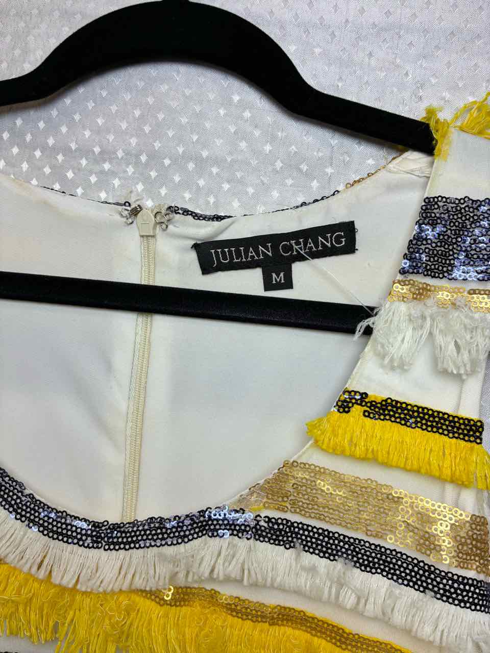 Julian Chang yellow and cream fringe with black and gold sequin Dress M