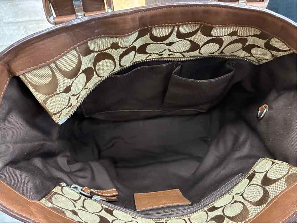 Coach Brown Tote Bag w/ Monogram Fabric and Brwon Leather Buckle Straps Purse