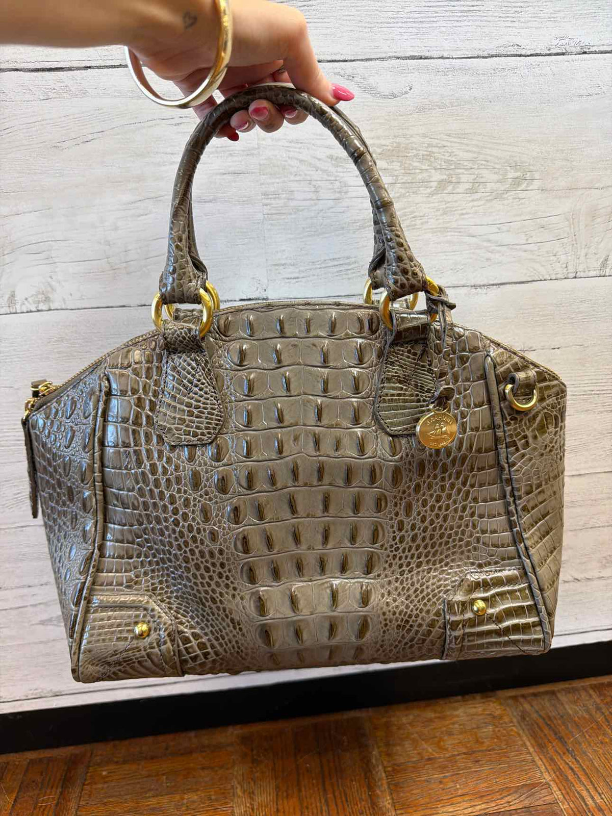 Brahmin taupe croc embossed leather satchel handbag