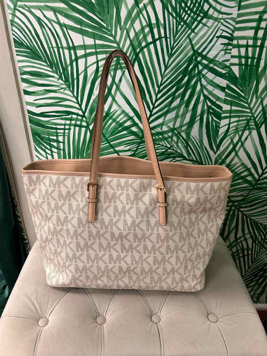 Micheal Kors Cream Jet Set Travel Large Tote with Vanilla Signature Logo Canvas
