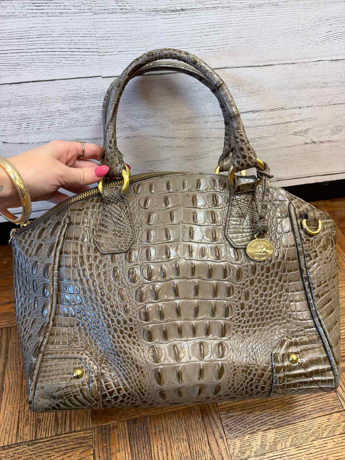 Brahmin taupe croc embossed leather satchel handbag