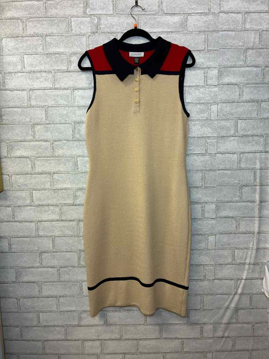 St. John Tan and Red Collared Dress w/ Gold Buttons 10 M