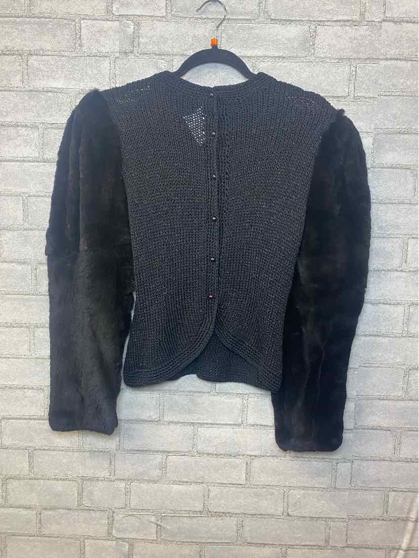 Camille black knit jacket with real fur sleeves S/M