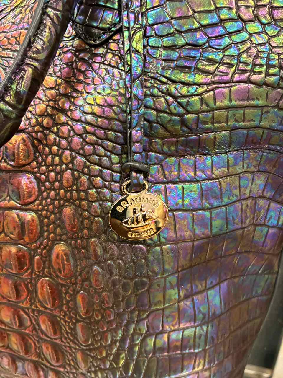 Brahmin Large Black Mother of Pearl Croc-Embossed Duxbury Satchel