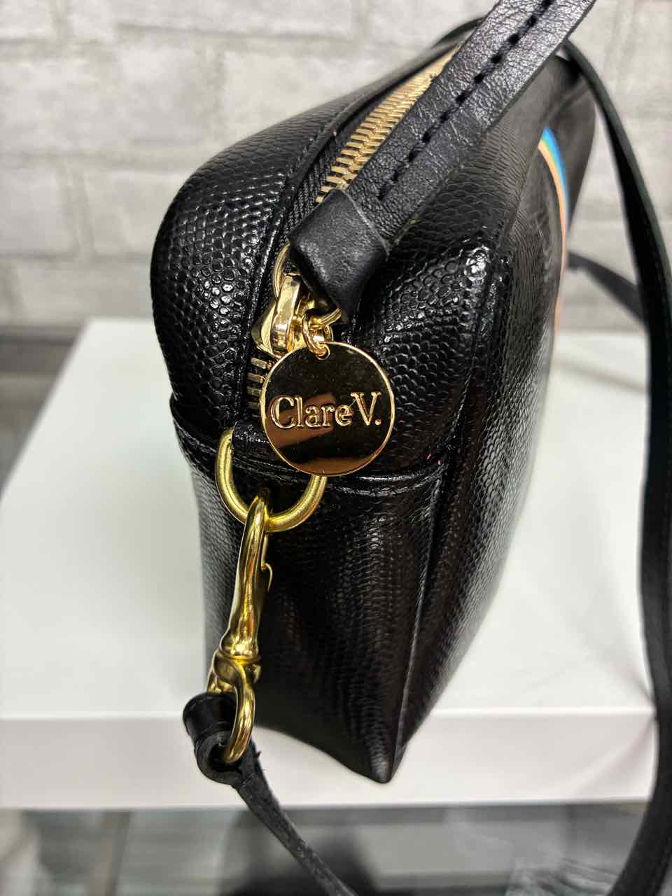 Claire V Black with Nude, Green and blue Stripes in the middle Leather Purse