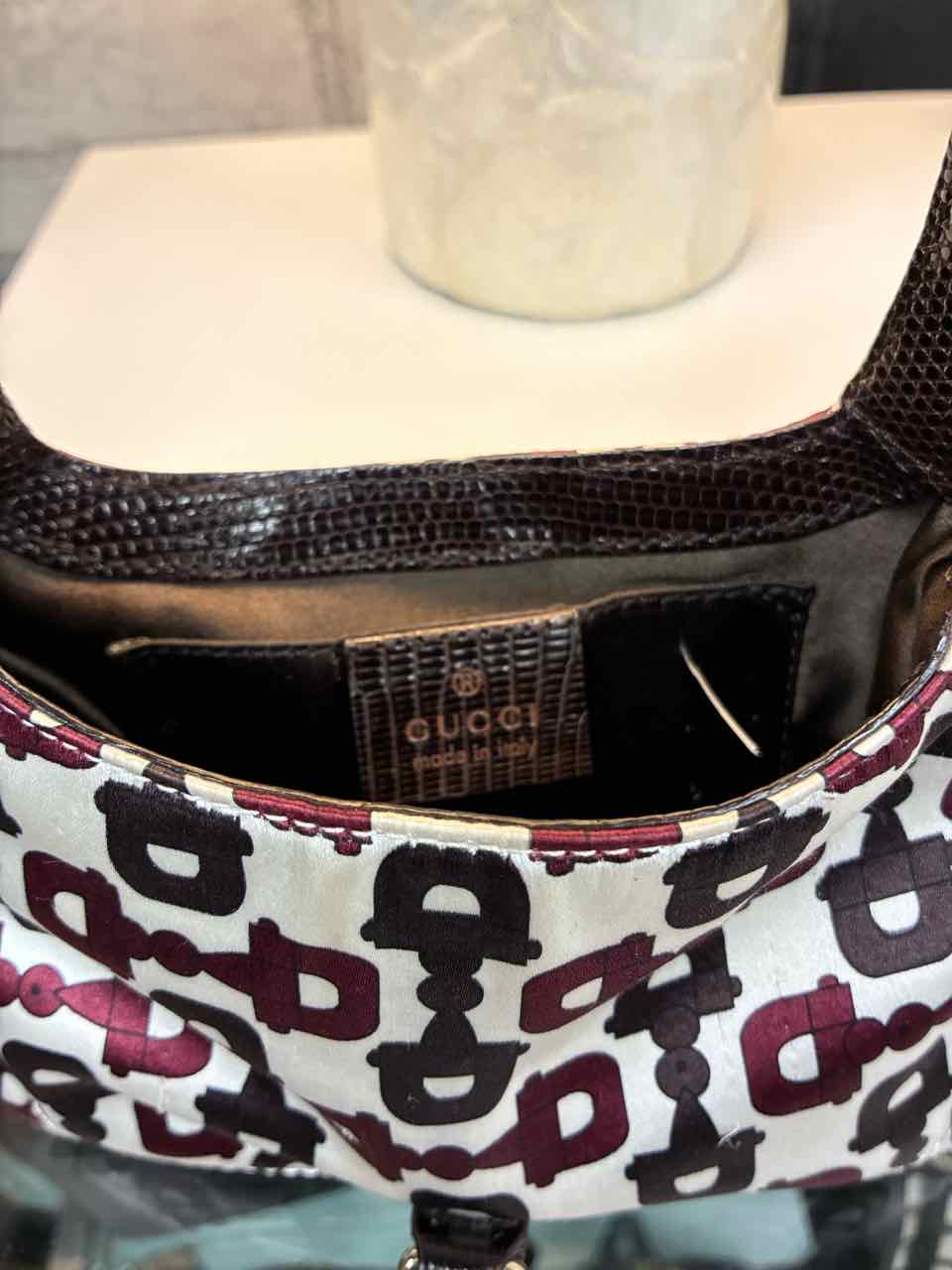 Gucci Satin with Lizard Trimmed Mini Jackie Horsebit Bag in Brown and Burgundy