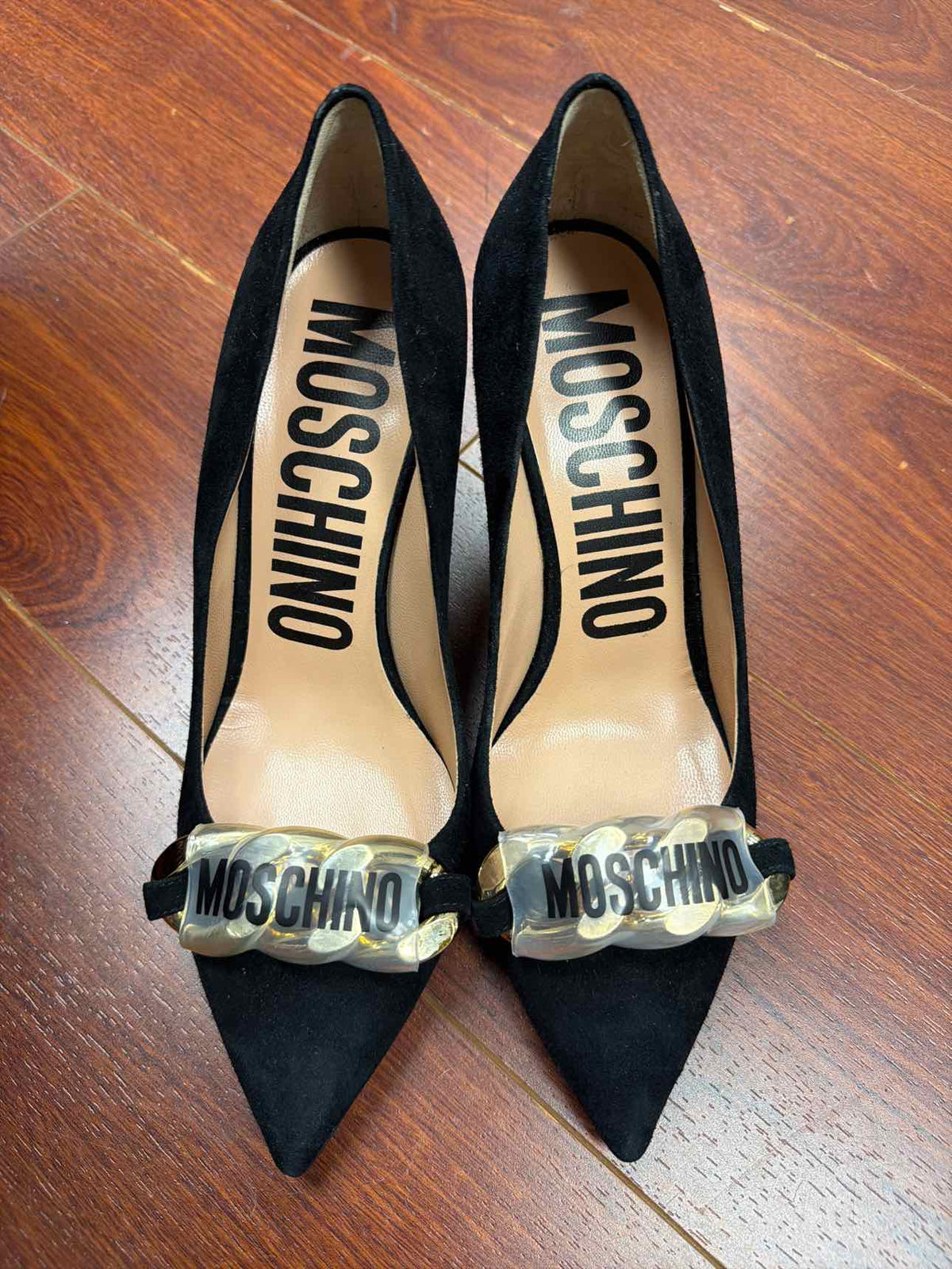 Moschino black heels with gold chain on front