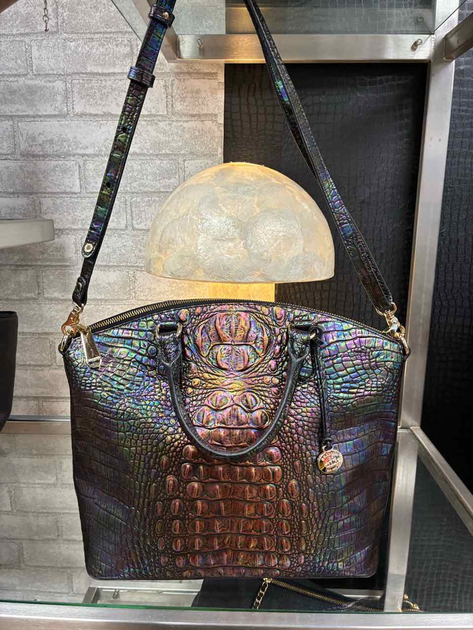 Brahmin Large Black Mother of Pearl Croc-Embossed Duxbury Satchel