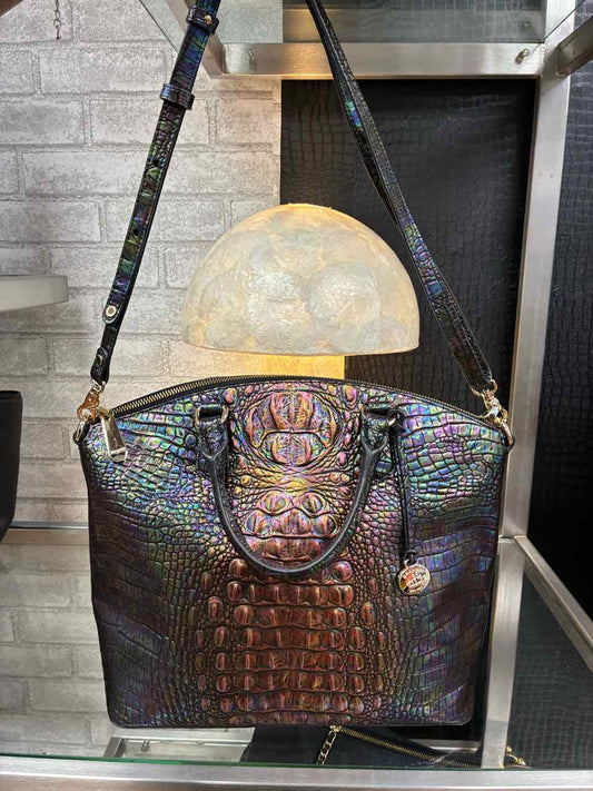 Brahmin Large Black Mother of Pearl Croc-Embossed Duxbury Satchel