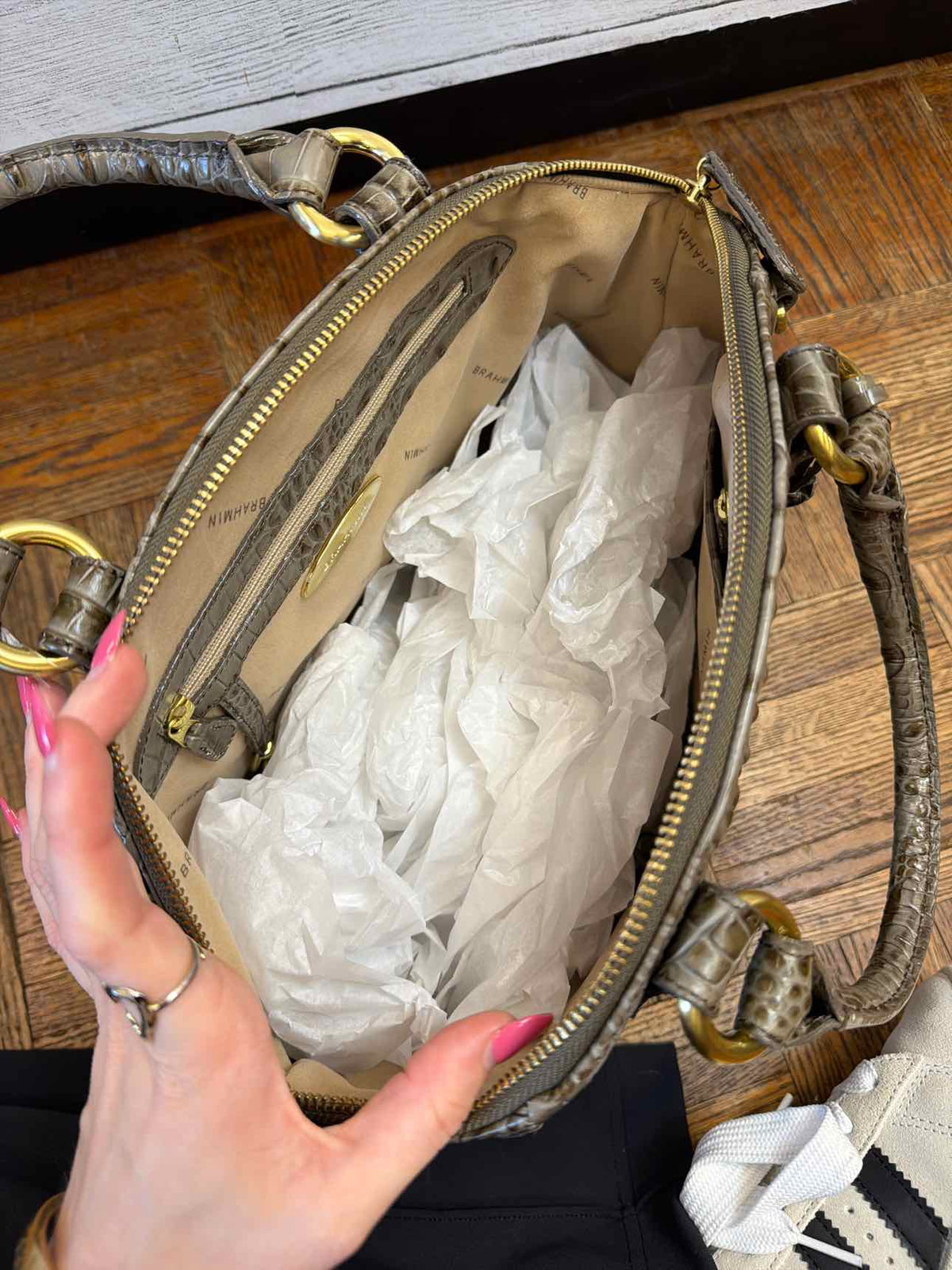 Brahmin taupe croc embossed leather satchel handbag