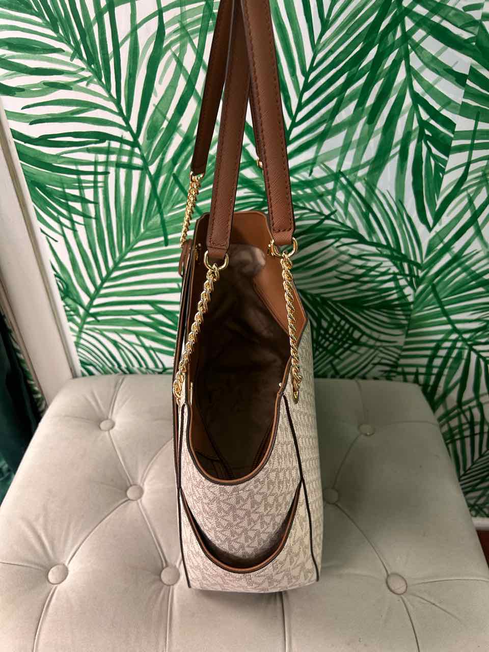 Michael Kors Cream Logo Printed Shoulder Tote Architectural Shape Gold Hardware