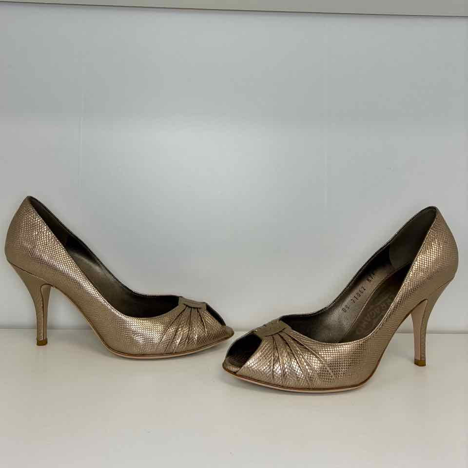 Ferragamo Bronze Peep Toe Tiberia Snakeskin Pumps  8