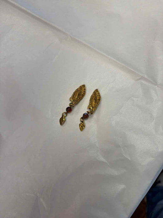 Gold leaf earrings with brown bead clip ons