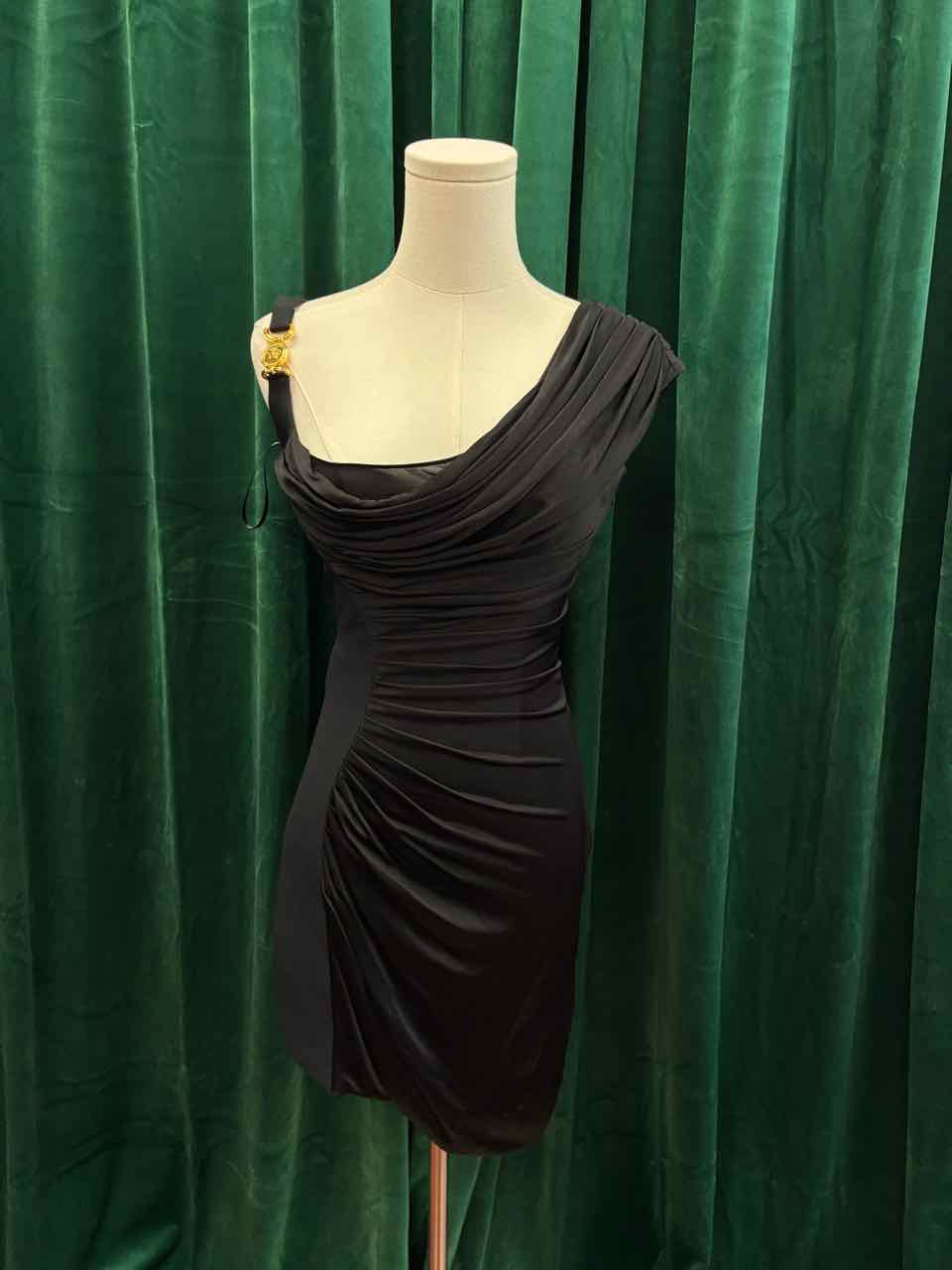 Versace Size 36 Black Draped Mini Dress w/ Gold Hardware on Shoulder