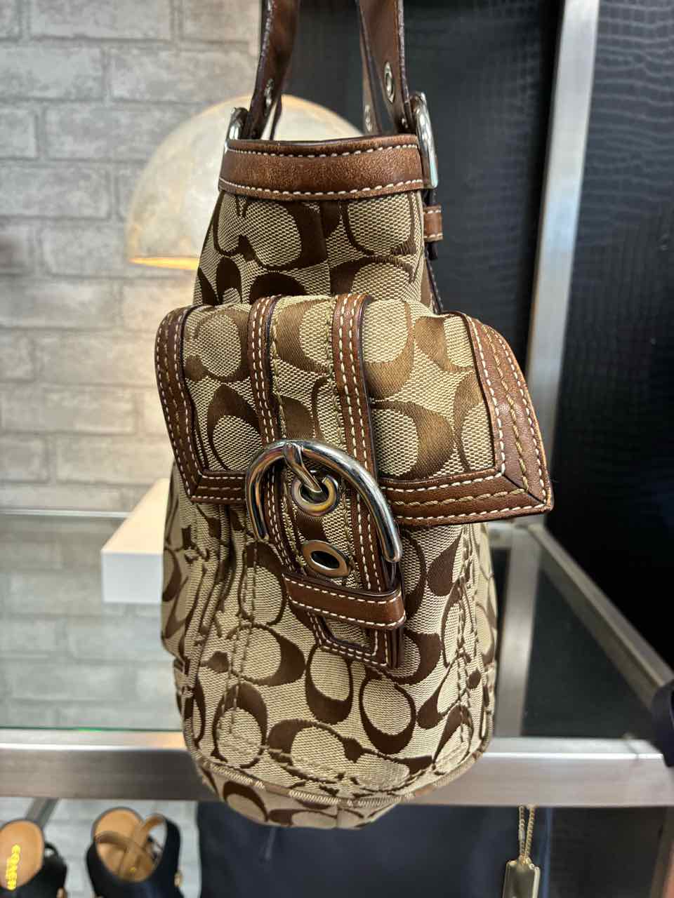 Coach Brown Tote Bag w/ Monogram Fabric and Brwon Leather Buckle Straps Purse