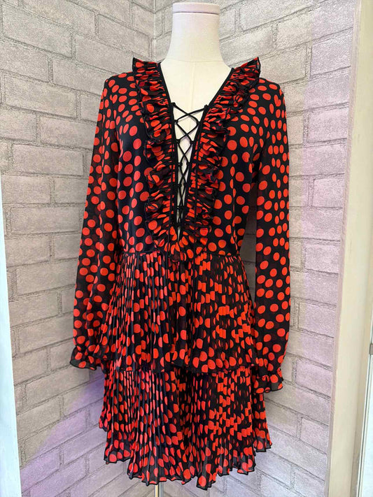 Delfi Small Red and Black Spotted Ruffle Dress w/ Lace Up Bodice